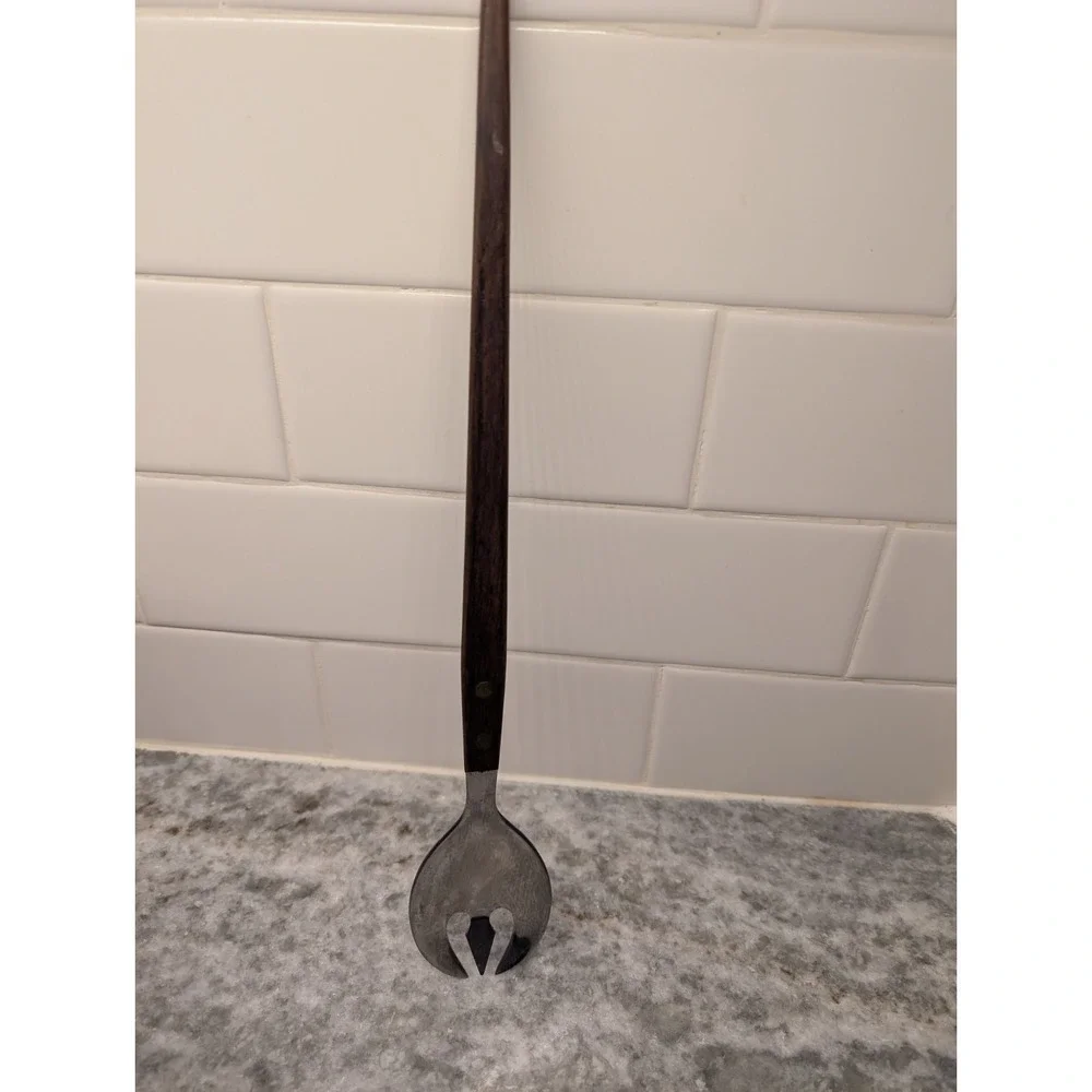 1 x Vintage MCM Teak SALAD SERVING Wood Handle Fork Japan Stainless‎ Steel